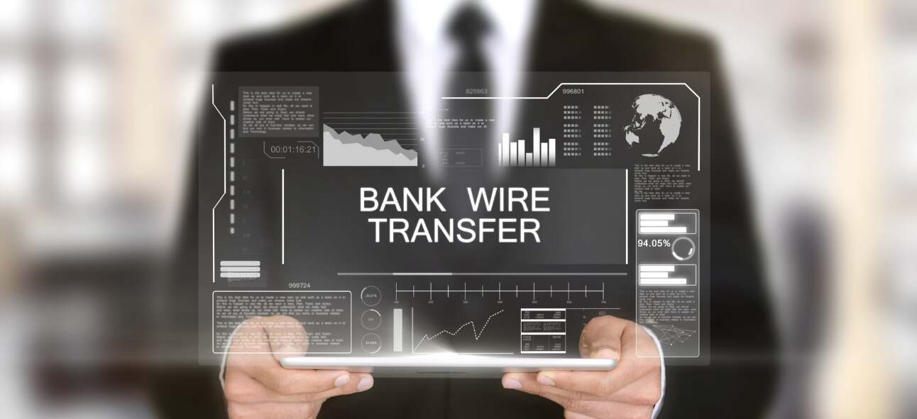 Bank wire transfer, hologram futuristic interface, augmented virtual reality